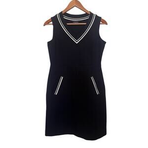 Lands End Black White Trim V-neck Sleeveless Dress Women’s Sz 6P Pockets Viscose